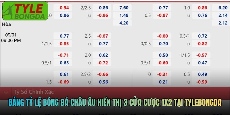 Bảng tỷ lệ bóng đá châu Âu hiển thị 3 cửa cược 1X2 tại Tylebongda